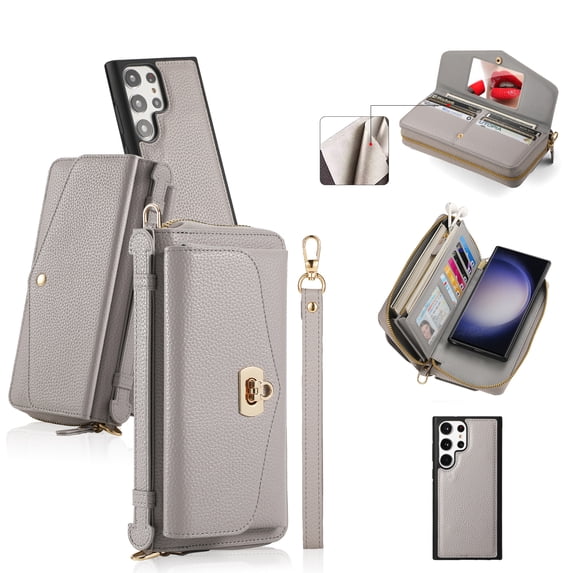 ELEHOLD Wallet Phone Bag with Case for Samsung Galaxy S23 Ultra Large Capacity Multi-Functional Case with Card Holders Zipper Purse Wriststrap Crossbody Shoulder Strap Handbag for Women Girls,grey