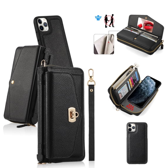 ELEHOLD Wallet Phone Bag with Case for iPhone 11 Pro Large Capacity Multi-Functional Case with Card Holders Zipper Purse Wriststrap Crossbody Shoulder Strap Handbag Case for Women Girls,black