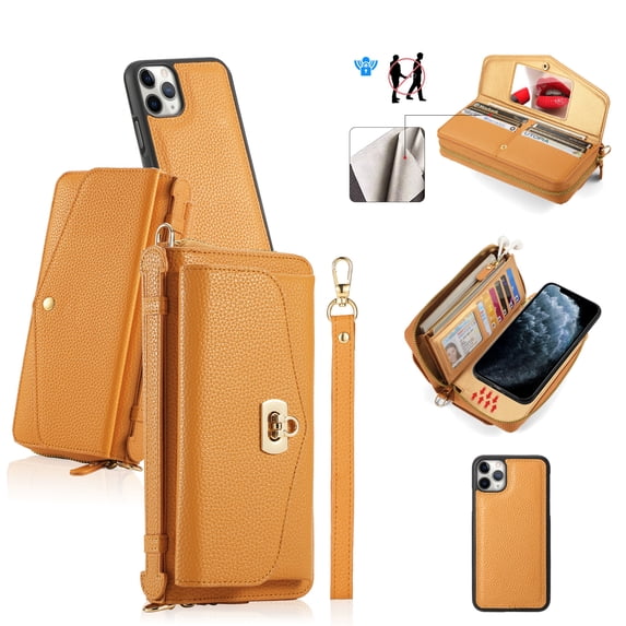 ELEHOLD Wallet Phone Bag with Case for iPhone 11 Pro Large Capacity Multi-Functional Case with Card Holders Zipper Purse Wriststrap Crossbody Shoulder Strap Handbag Case for Women Girls,orange