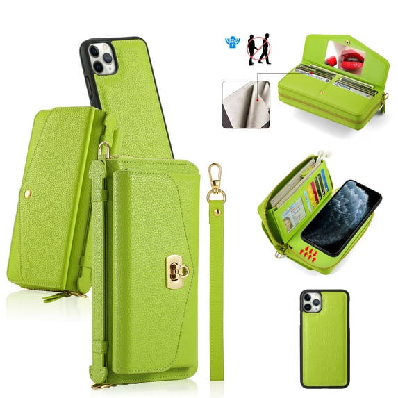 ELEHOLD Wallet Phone Bag with Case for iPhone 11 Pro Max Large Capacity Multi-Functional Case with Card Holders Zipper Purse Wriststrap Crossbody Shoulder Strap Handbag Case for Women Girls,green