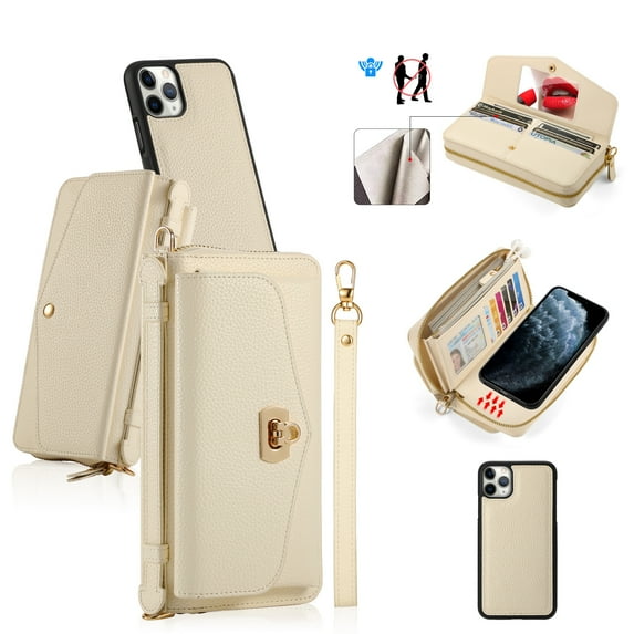 ELEHOLD Wallet Phone Bag with Case for iPhone 11 Pro Max Large Capacity Multi-Functional Case with Card Holders Zipper Purse Wriststrap Crossbody Shoulder Strap Handbag Case for Women Girls,beige