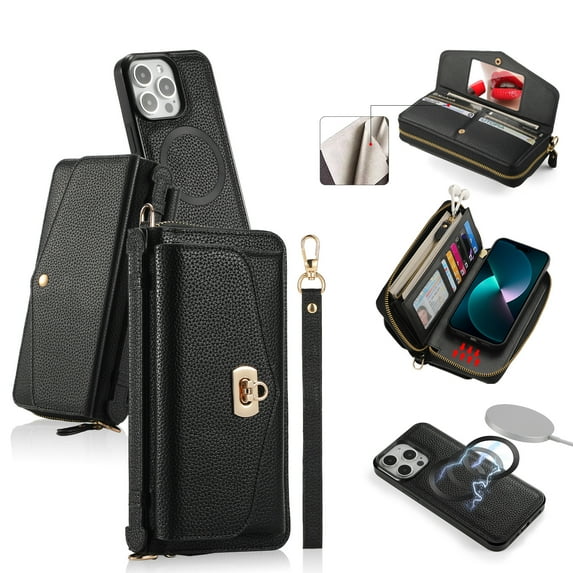 ELEHOLD Wallet Phone Bag with Case for iPhone 12 Pro / 12 Large Capacity Multi-Functional Case with Card Holders Zipper Purse Wriststrap Crossbody Shoulder Strap Handbag Case for Women Girls,black