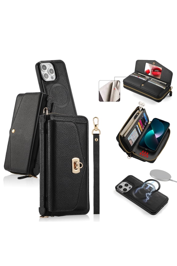 Wallet Phone Bag with Case for iPhone 13 Pro Max Large Capacity Multi-Functional Case with Card Holders Zipper Purse Wriststrap Crossbody Shoulder Strap Handbag Case for Women Girls,black