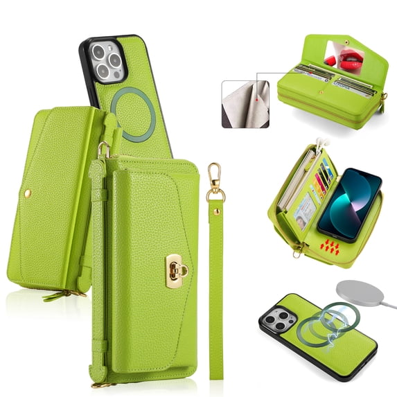 ELEHOLD Wallet Phone Bag with Case for iPhone 13 Pro Max Large Capacity Multi-Functional Case with Card Holders Zipper Purse Wriststrap Crossbody Shoulder Strap Handbag Case for Women Girls,green