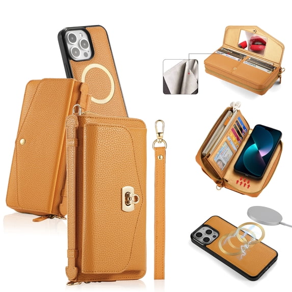ELEHOLD Wallet Phone Bag with Case for iPhone 14 Large Capacity Multi-Functional Case with Card Holders Zipper Purse Wriststrap Crossbody Shoulder Strap Handbag Case for Women Girls,orange