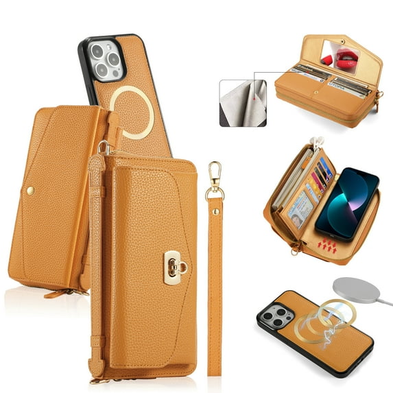 ELEHOLD Wallet Phone Bag with Case for iPhone 14 Pro Large Capacity Multi-Functional Case with Card Holders Zipper Purse Wriststrap Crossbody Shoulder Strap Handbag Case for Women Girls,orange