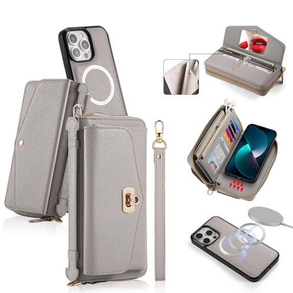 ELEHOLD Wallet Phone Bag with Case for iPhone 14 Pro Max Large Capacity Multi-Functional Case with Card Holders Zipper Purse Wriststrap Crossbody Shoulder Strap Handbag Case for Women Girls,grey