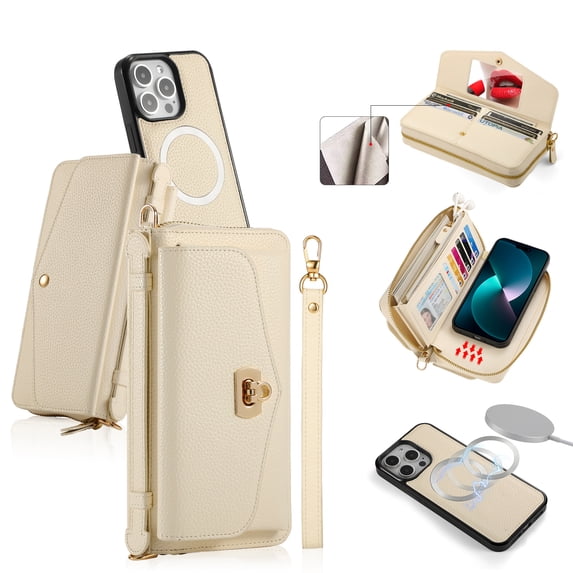 ELEHOLD Wallet Phone Bag with Case for iPhone 15 Plus Large Capacity Multi-Functional Case with Card Holders Zipper Purse Wriststrap Crossbody Shoulder Strap Handbag Case for Women Girls,beige
