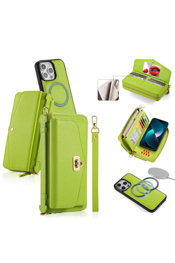 Wallet Phone Bag with Case for iPhone 15 Pro Max Large Capacity Multi-Functional Case with Card Holders Zipper Purse Wriststrap Crossbody Shoulder Strap Handbag Case for Women Girls,green