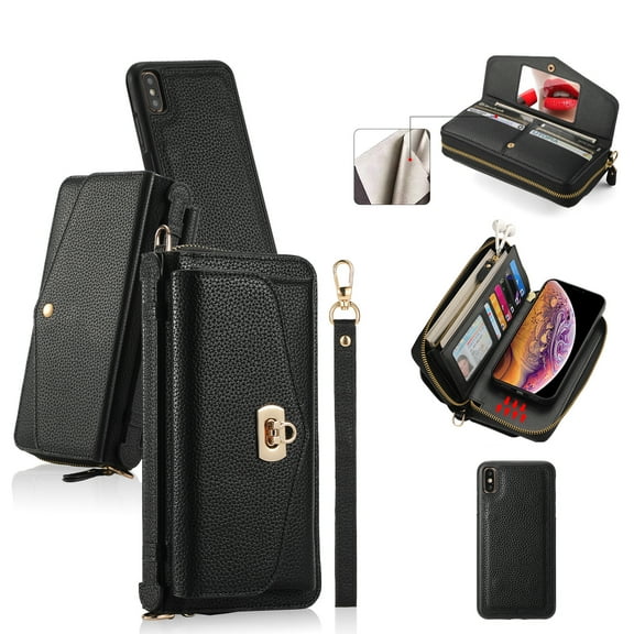ELEHOLD Wallet Phone Bag with Case for iPhone XR Large Capacity Multi-Functional Case with Card Holders Zipper Purse Wriststrap Crossbody Shoulder Strap Handbag Case for Women Girls,black