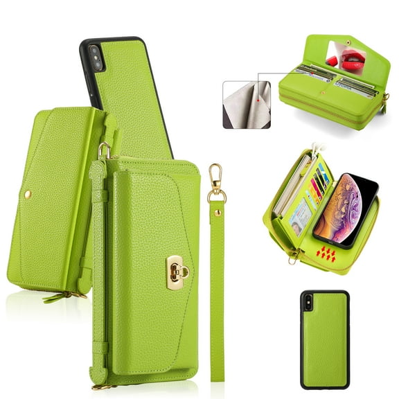 ELEHOLD Wallet Phone Bag with Case for iPhone XS Max Large Capacity Multi-Functional Case with Card Holders Zipper Purse Wriststrap Crossbody Shoulder Strap Handbag Case for Women Girls,green