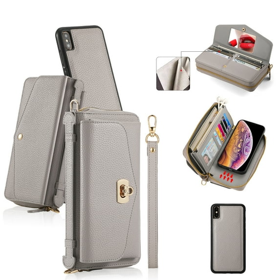 ELEHOLD Wallet Phone Bag with Case for iPhone XS Max Large Capacity Multi-Functional Case with Card Holders Zipper Purse Wriststrap Crossbody Shoulder Strap Handbag Case for Women Girls,grey