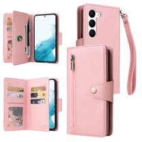 ELEHOLD Wallet for Samsung Galaxy S24 Case, PU Leather Large Capacity Card Holders Zipper Wallet Detachable Wris Strap Cash Pocket Kickstand Shockproof Flip Case for Samsung S24, Rosegold