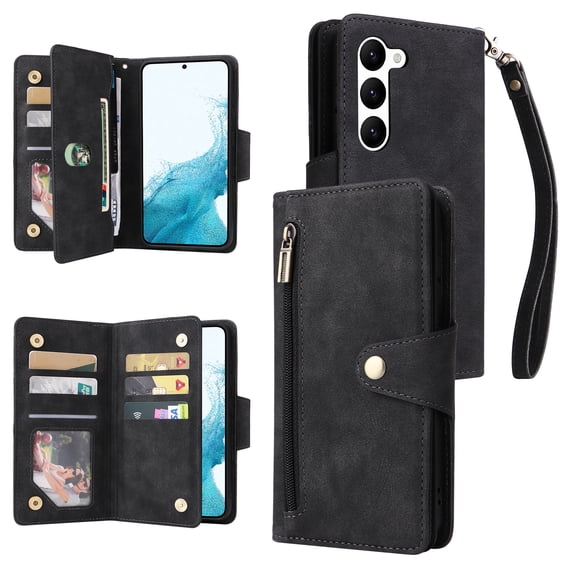 ELEHOLD Wallet for Samsung Galaxy S24 Case, PU Leather Large Capacity Card Holders Zipper Wallet Detachable Wris Strap Cash Pocket Kickstand Shockproof Flip Case for Samsung S24, Black