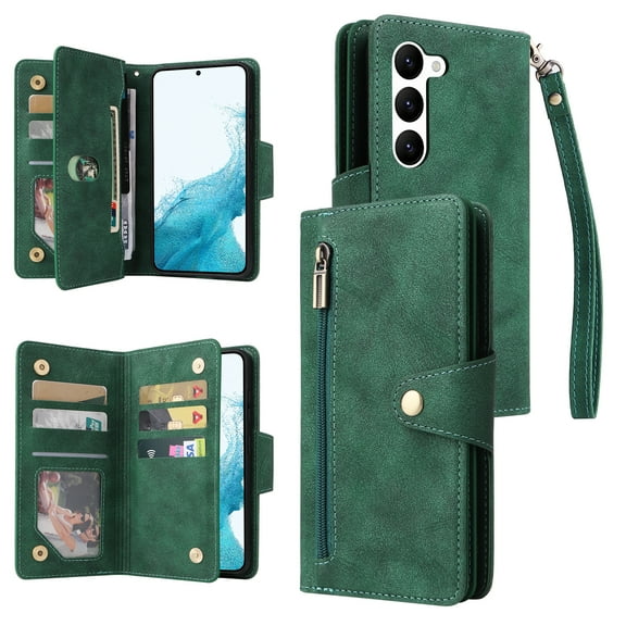 ELEHOLD Wallet for Samsung Galaxy S24 Plus Case, PU Leather Large Capacity Card Holders Zipper Wallet Detachable Wris Strap Cash Pocket Kickstand Shockproof Flip Case for Samsung S24+, Green