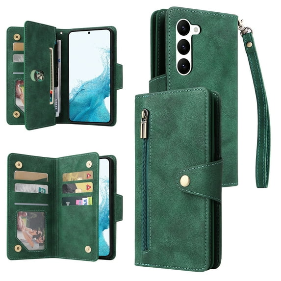 ELEHOLD Wallet for Samsung Galaxy S24 Plus Case, PU Leather Large Capacity Card Holders Zipper Wallet Detachable Wris Strap Cash Pocket Kickstand Shockproof Flip Case for Samsung S24+, Green