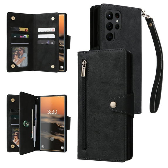 ELEHOLD Wallet for Samsung Galaxy S24 Ultra Case, PU Leather Large Capacity Card Holders Zipper Wallet Detachable Wris Strap Cash Pocket Kickstand Shockproof Flip Case for Samsung S24 Ultra, Black