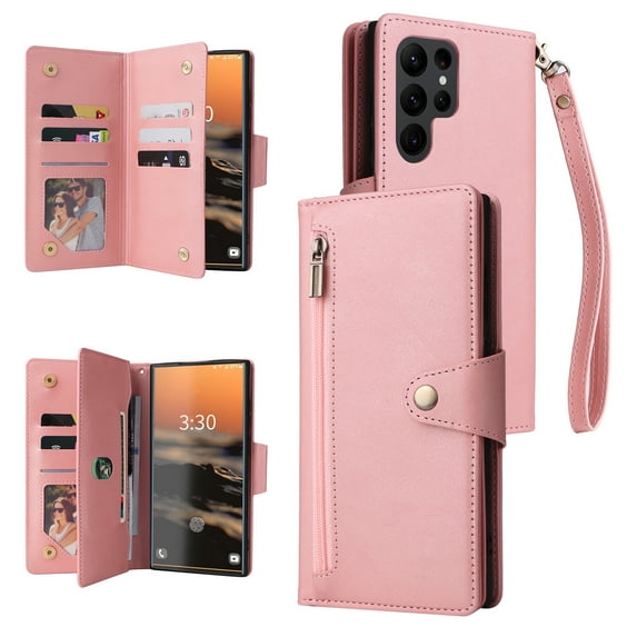 ELEHOLD Wallet for Samsung Galaxy S24 Ultra Case, PU Leather Large Capacity Card Holders Zipper Wallet Detachable Wris Strap Cash Pocket Kickstand Shockproof Flip Case for Samsung S24 Ultra, Rosegold
