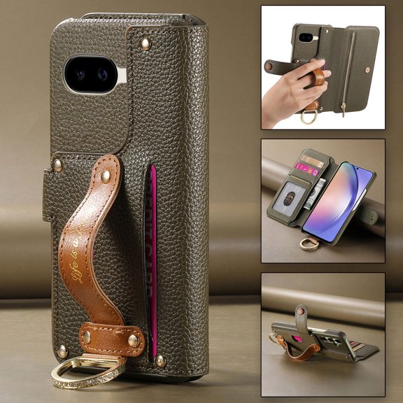 ELEHOLD Wallet for Google Pixel 9A, RFID Blocking Shockproof Leather Case with Wristband and Ring, Zipper Pocket,Midnightgreen