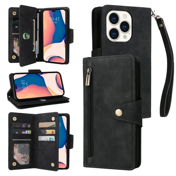 ELEHOLD Wallet for iPhone 15 Pro 6.1" Case, PU Leather Large Capacity Card Holders Zipper Wallet Detachable Wris Strap Cash Pocket Kickstand Shockproof Flip Wallet Protective Case,Black