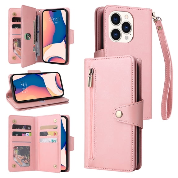 ELEHOLD Wallet for iPhone 15 Pro Max 6.7" Case, PU Leather Large Capacity Card Holders Zipper Wallet Detachable Wris Strap Cash Pocket Kickstand Shockproof Flip Wallet Protective Case, Rosegold