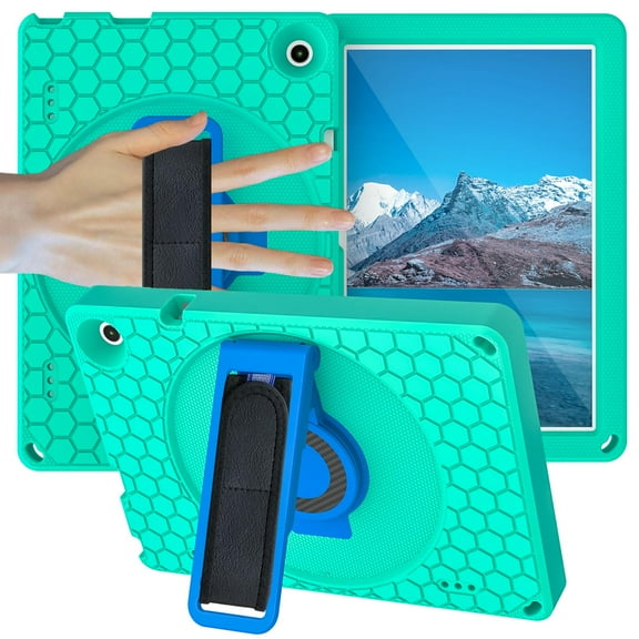 ELEHOLD for Walmart ONN 10.1 Inch 3rd Gen 2022 Rugged Case Honeycomb Pattern 360° Rotatable Kickstand Handstrap Shoulder Strap Shockproof Anti-Scratch Heavy Duty Case,(Model:100071485),Green+Blue