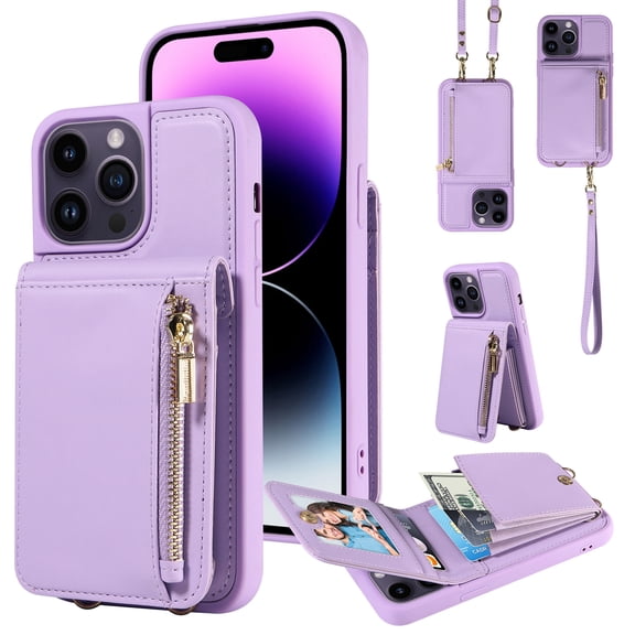 ELEHOLD Zipper Wallet Case for 15 Pro Max,Premium Leather with Organ Card Holders Zipper Purse Stand Function Detachable Long & Short Strap Crossbody Luxury Case for 15 Pro Max 6.7 Inch,Purple