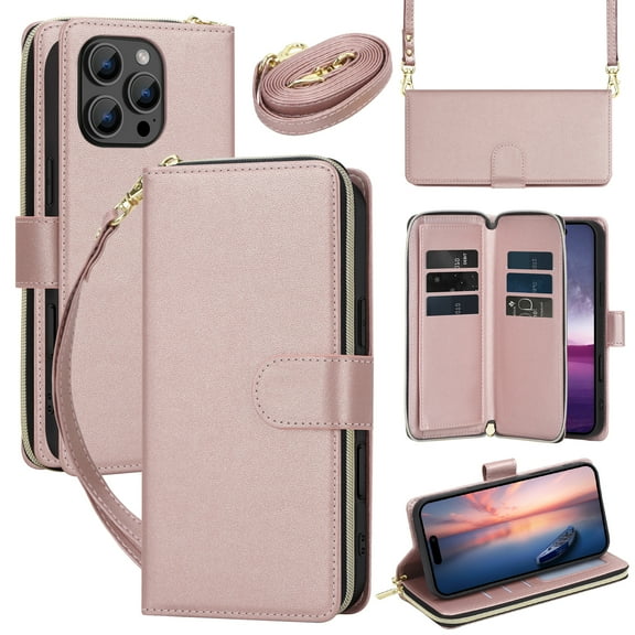 ELEHOLD Zipper Wallet Case For Apple iPhone 16e with with Lanyard Shoulder Strap,Shockproof Credit Card Slot Cash Pocket Magnetic PU Leather TPU Protective Cover ,Rosegold