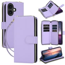 ELEHOLD Zipper Wallet Case For Apple iPhone 17 with with Lanyard Shoulder Strap,Shockproof Credit Card Slot Cash Pocket Magnetic PU Leather TPU Protective Cover ,Purple