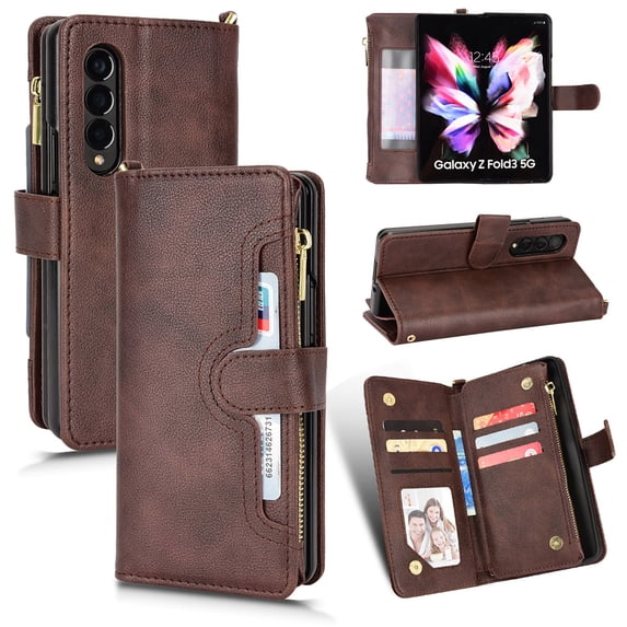 ELEHOLD Zipper Wallet Case Compatible Samsung Galaxy Z Fold 4.PU Leather Magnetic Card Slots Shockproof Zipper Pocket Flip Cover for Samsung Galaxy Z Fold 4 7.6 inch,Brown