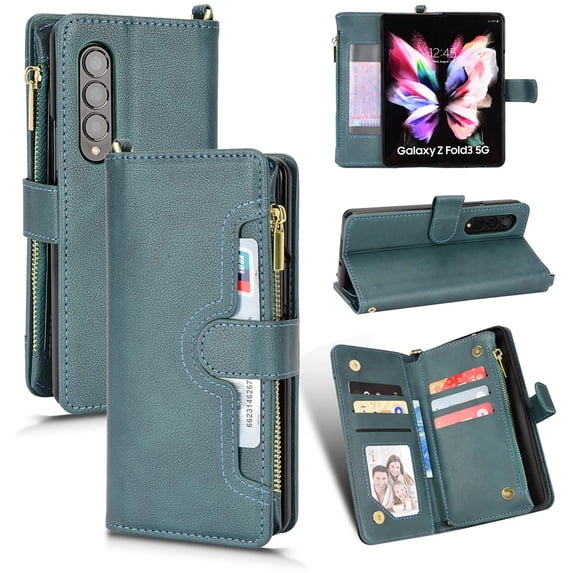 ELEHOLD Zipper Wallet Case Compatible Samsung Galaxy Z Fold 4.PU Leather Magnetic Card Slots Shockproof Zipper Pocket Flip Cover for Samsung Galaxy Z Fold 4 7.6 inch,Green