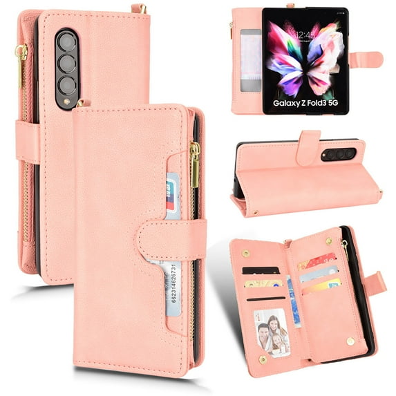 ELEHOLD Zipper Wallet Case Compatible Samsung Galaxy Z Fold 4.PU Leather Magnetic Card Slots Shockproof Zipper Pocket Flip Cover for Samsung Galaxy Z Fold 4 7.6 inch,Pink