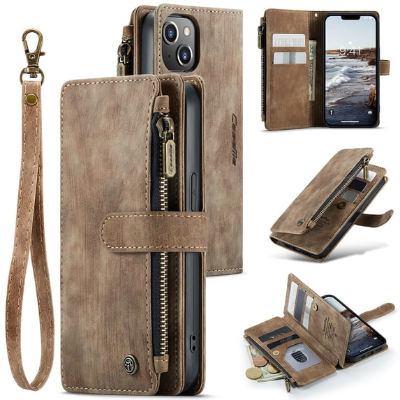 ELEHOLD Zipper Wallet Case Compatible with iPhone 14,PU Leather Soft TPU with Kickstand Shockproof Cash&Card Slot Full Len Protection Shock-Resistant Case Cover for iPhone14 6.1 inch,Brown