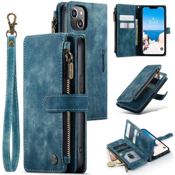 ELEHOLD Zipper Wallet Case Compatible with iPhone 14,PU Leather Soft TPU with Kickstand Shockproof Cash&Card Slot Full Len Protection Shock-Resistant Case Cover for iPhone14 6.1 inch,Blue