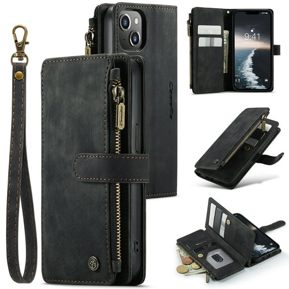 ELEHOLD Zipper Wallet Case Compatible with iPhone 14 Plus,PU Leather Soft TPU with Kickstand Shockproof Cash&Card Slot Full Len Protection Shock-Resistant Case Cover for iPhone14 Plus 6.7 inch,Black