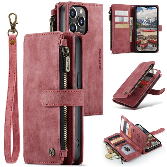 ELEHOLD Zipper Wallet Case Compatible with iPhone 14 Pro,PU Leather Soft TPU with Kickstand Shockproof Cash&Card Slot Full Len Protection Shock-Resistant Case Cover for iPhone14 Pro 6.1 inch ,Red