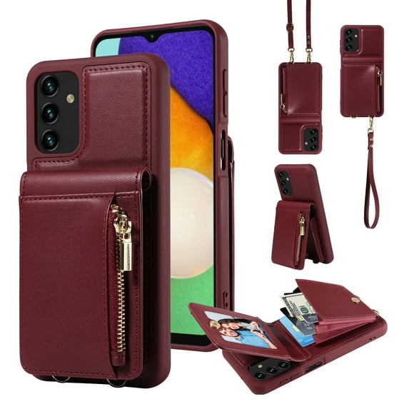 ELEHOLD Zipper Wallet Case for Samsung Galaxy A13 4G,Premium Leather with Organ Card Holders Zipper Purse Stand Function Detachable Long & Short Strap Crossbody Luxury Case,Winered