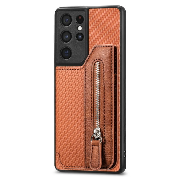 ELEHOLD Zipper Wallet Case for Samsung Galaxy Note 20,Flip Folio Card Slots Zipper Storage Kickstand Function Magnetic Closure Full Body Shockproof Protective Case,brown