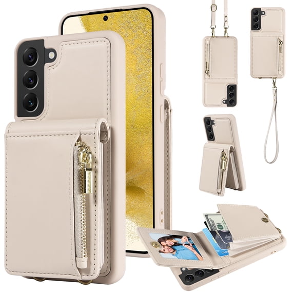 ELEHOLD Zipper Wallet Case for Samsung Galaxy S21+,Premium Leather with Organ Card Holders Zipper Purse Stand Function Detachable Long & Short Strap Crossbody Luxury Case,White