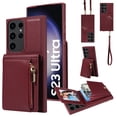 thumbnail image 1 of ELEHOLD Zipper Wallet Case for Samsung Galaxy S21 Ultra,Premium Leather with Organ Card Holders Zipper Purse Stand Function Detachable Long & Short Strap Crossbody Luxury Case,Winered, 1 of 8