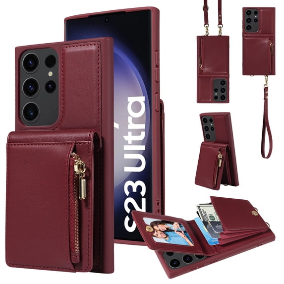 ELEHOLD Zipper Wallet Case for Samsung Galaxy S21 Ultra,Premium Leather with Organ Card Holders Zipper Purse Stand Function Detachable Long & Short Strap Crossbody Luxury Case,Winered