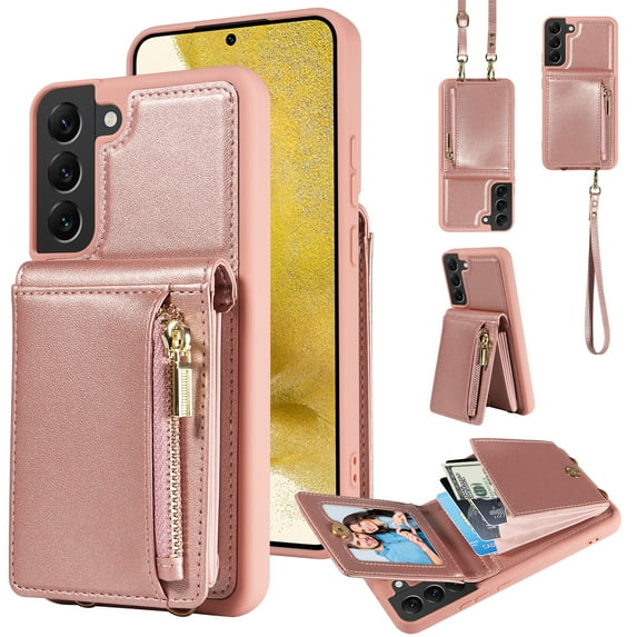 ELEHOLD Zipper Wallet Case for Samsung Galaxy S22 Plus,Premium Leather with Organ Card Holders Zipper Purse Stand Function Detachable Long & Short Strap Crossbody Luxury Case,Rosegold