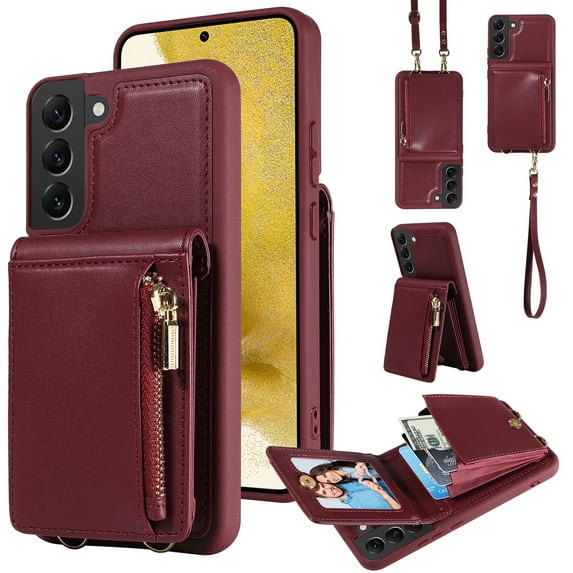 ELEHOLD Zipper Wallet Case for Samsung Galaxy S22 Plus,Premium Leather with Organ Card Holders Zipper Purse Stand Function Detachable Long & Short Strap Crossbody Luxury Case,Winered