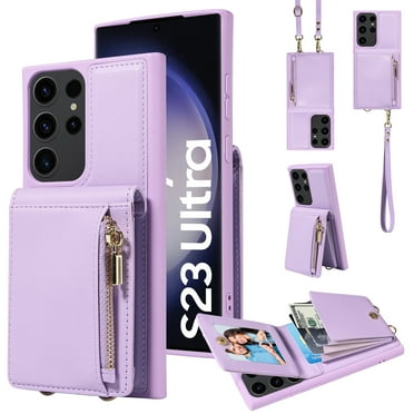 ELEHOLD Zipper Wallet Case for Samsung Galaxy S22 Ultra,Premium Leather with Organ Card Holders Zipper Purse Stand Function Detachable Long & Short Strap Crossbody Luxury Case,Purple