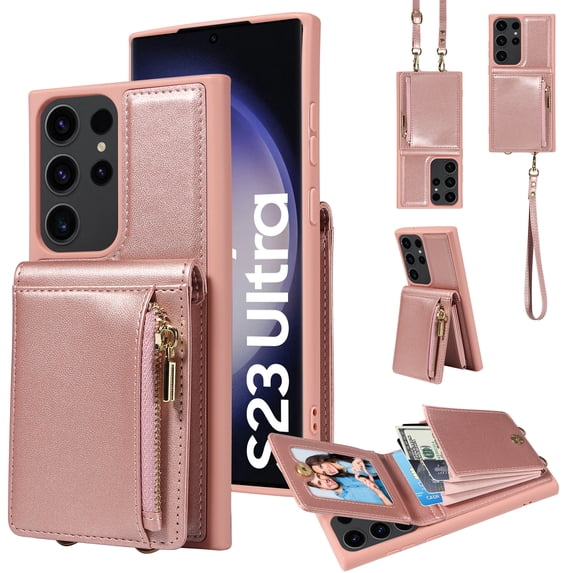 ELEHOLD Zipper Wallet Case for Samsung Galaxy S22 Ultra,Premium Leather with Organ Card Holders Zipper Purse Stand Function Detachable Long & Short Strap Crossbody Luxury Case,Rosegold