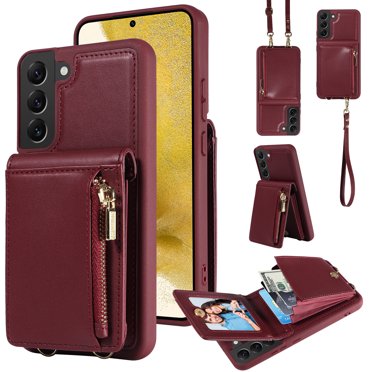 ELEHOLD Zipper Wallet Case for Samsung Galaxy S23 Plus,Premium Leather with Organ Card Holders Zipper Purse Stand Function Detachable Long & Short Strap Crossbody Luxury Case,Winered