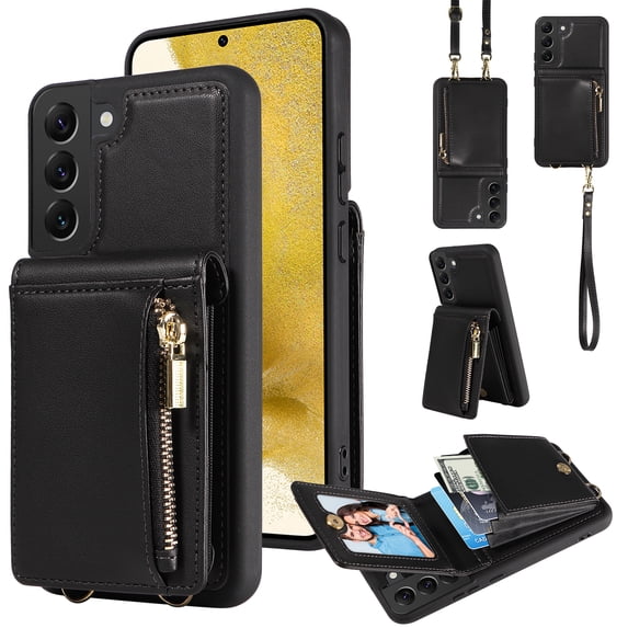 ELEHOLD Zipper Wallet Case for Samsung Galaxy S23 Plus,Premium Leather with Organ Card Holders Zipper Purse Stand Function Detachable Long & Short Strap Crossbody Luxury Case,Black