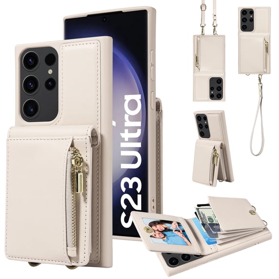 ELEHOLD Zipper Wallet Case for Samsung Galaxy S23 Ultra,Premium Leather with Organ Card Holders Zipper Purse Stand Function Detachable Long & Short Strap Crossbody Luxury Case,White