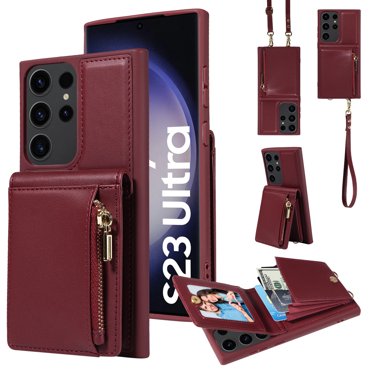 ELEHOLD Zipper Wallet Case for Samsung Galaxy S23 Ultra,Premium Leather with Organ Card Holders Zipper Purse Stand Function Detachable Long & Short Strap Crossbody Luxury Case,Winered