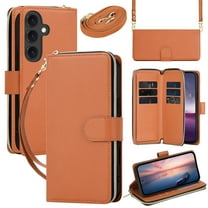 ELEHOLD Zipper Wallet Case For Samsung Galaxy S25 FE with with Lanyard Shoulder Strap,Shockproof Credit Card Slot Cash Pocket Magnetic PU Leather TPU Protective Cover ,Brown
